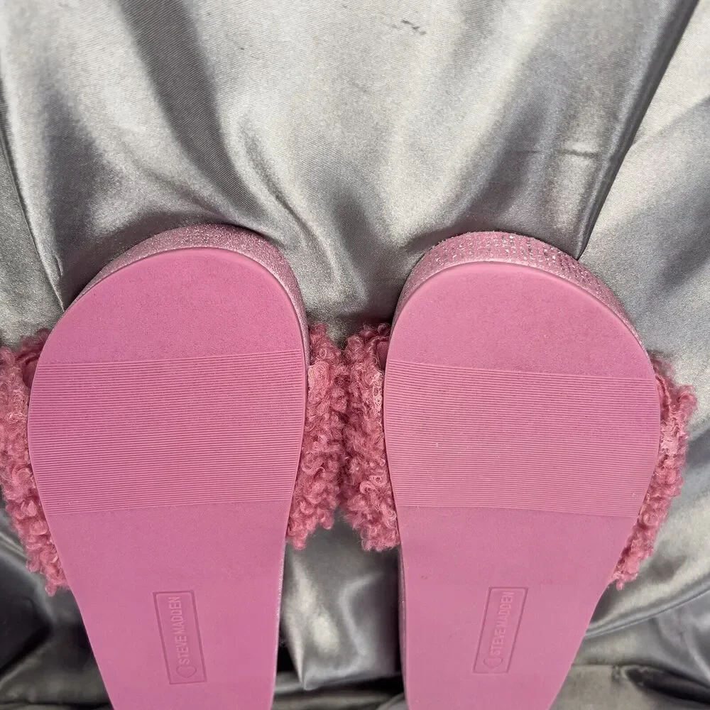 Steve Madden Girls‎ Size 4 Slides Pink Fuzzy Sandals Glitter Sparkles Hearts